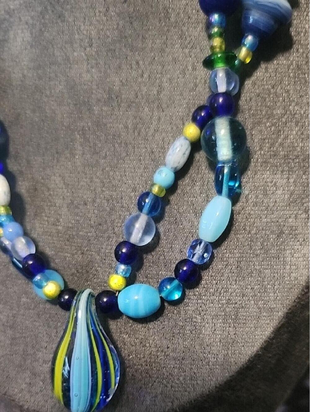 Multi-Strand Blue & Green Glass Bead Necklace with Pendant - Picture 2 of 3